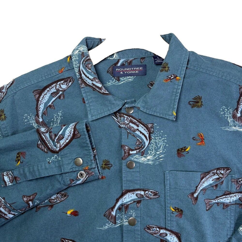 Roundtree Yorke Snap Button Flannel Mens Large Animal Print Utility Pockets Fish